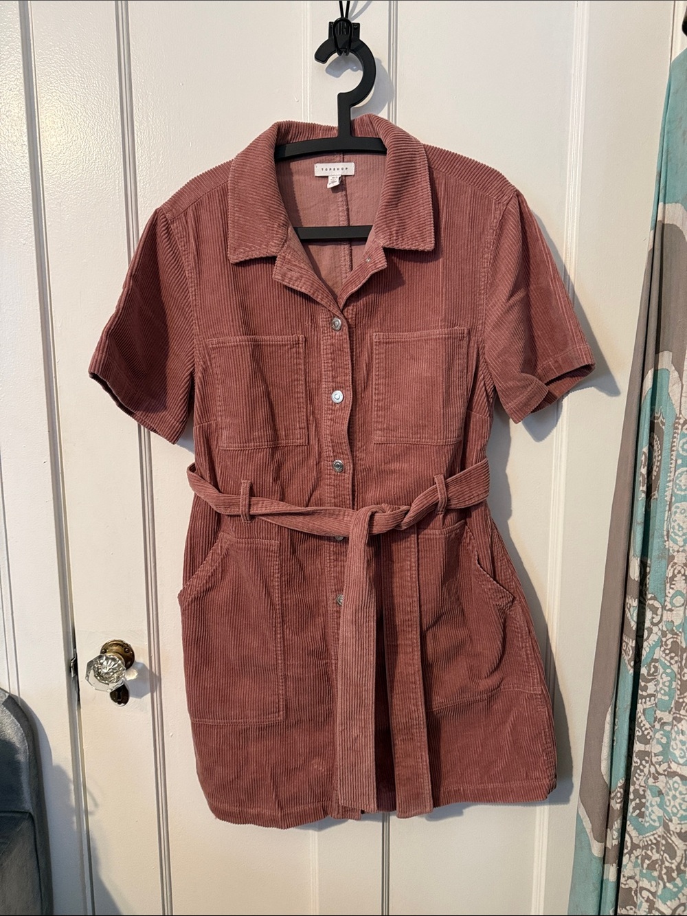 Topshop Dusty Rose Corduroy Shirt Mini Dress with Belt